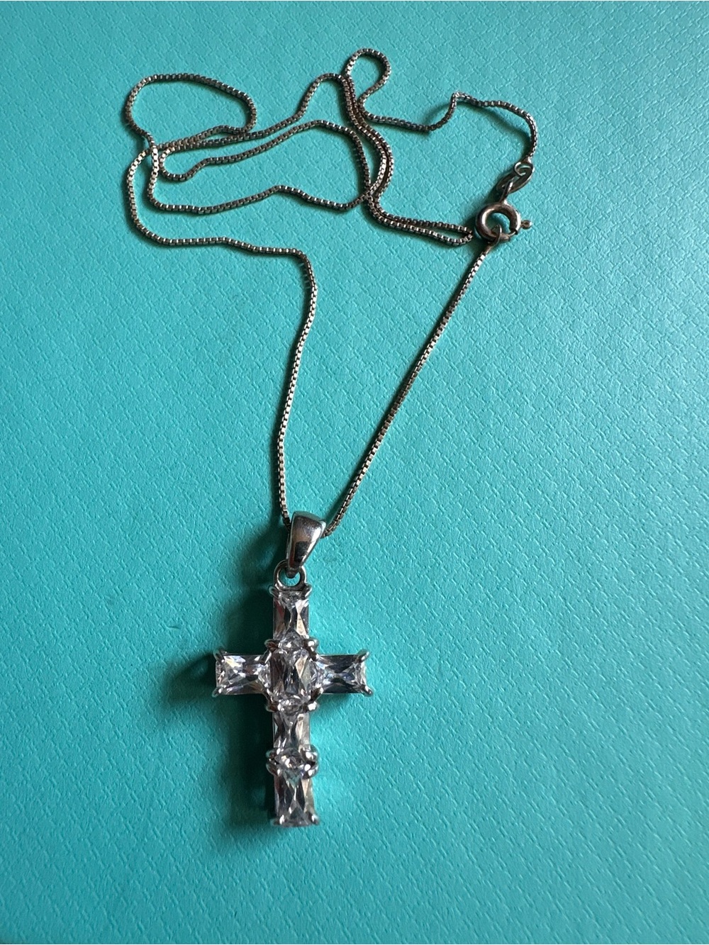 Vintage Sterling Silver Religious Cross Simulated Diamond CZ Necklace